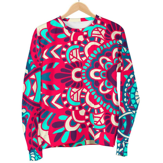 Pink Teal Bohemian Mandala Pattern Print Men's Crewneck Sweatshirt GearFrost