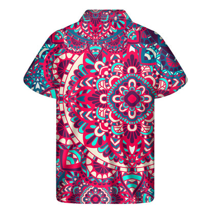 Pink Teal Bohemian Mandala Pattern Print Men's Short Sleeve Shirt