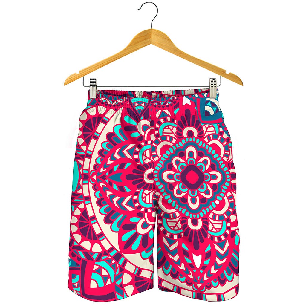 Pink Teal Bohemian Mandala Pattern Print Men's Shorts