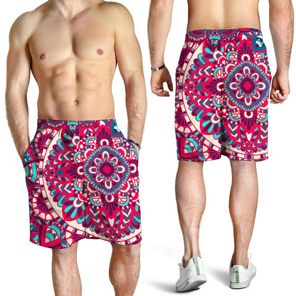 Pink Teal Bohemian Mandala Pattern Print Men's Shorts
