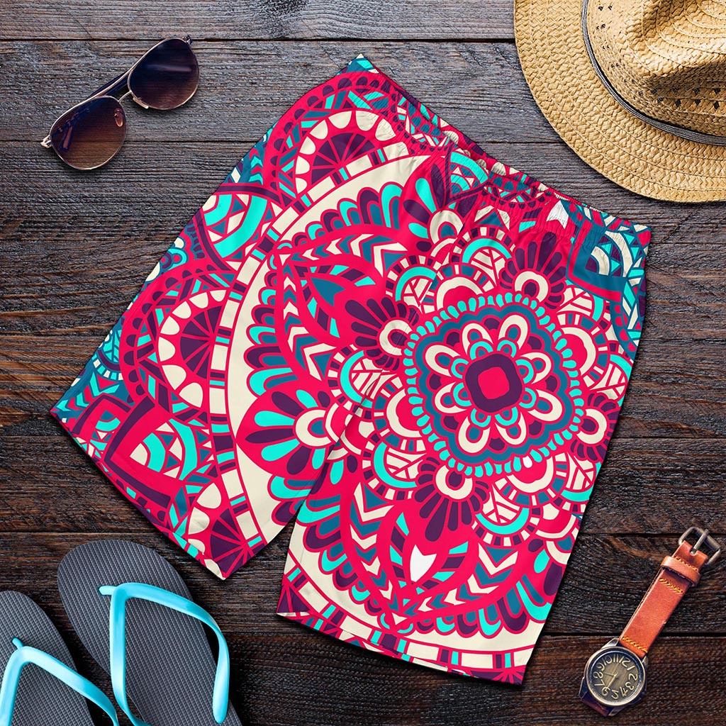 Pink Teal Bohemian Mandala Pattern Print Men's Shorts