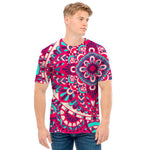 Pink Teal Bohemian Mandala Pattern Print Men's T-Shirt