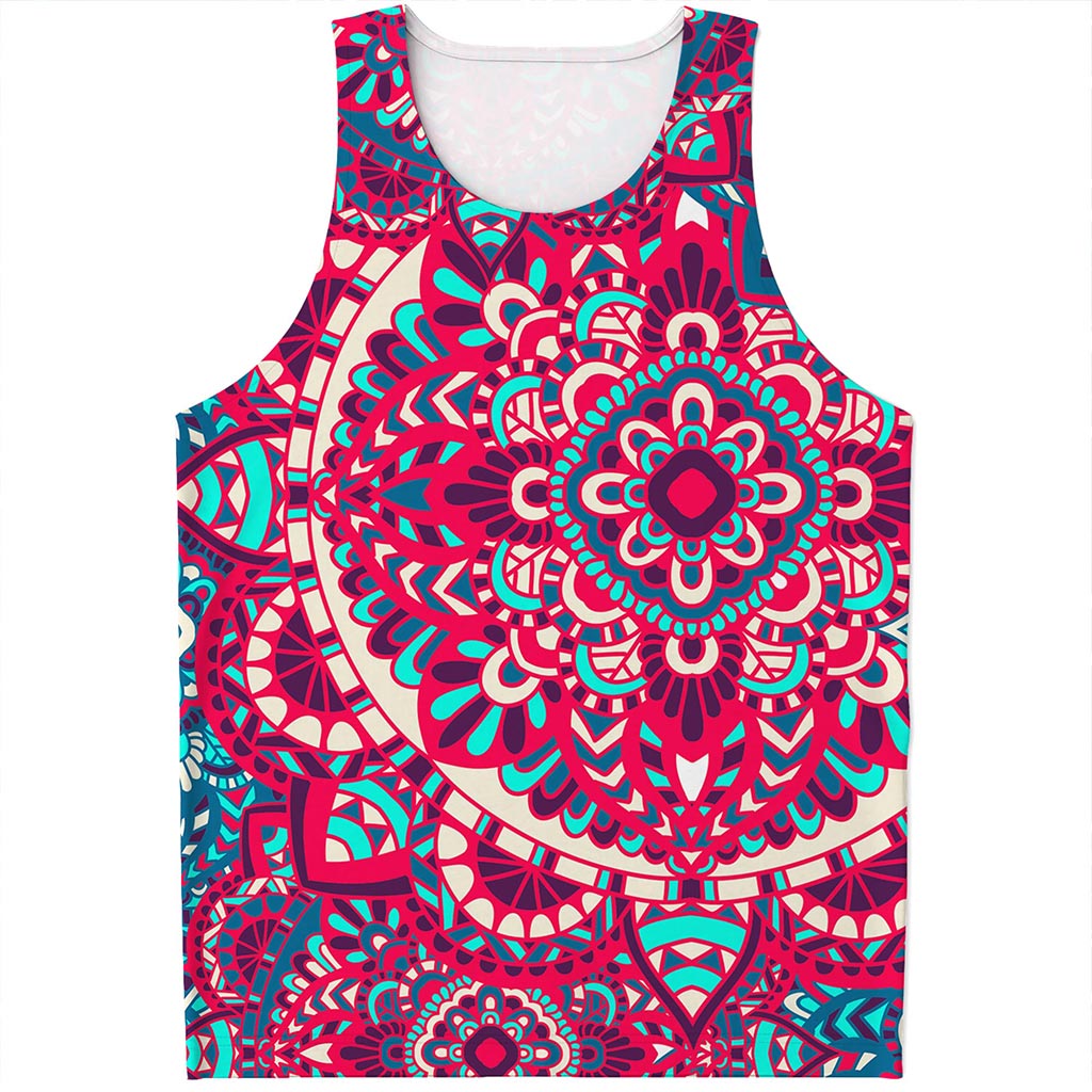 Pink Teal Bohemian Mandala Pattern Print Men's Tank Top