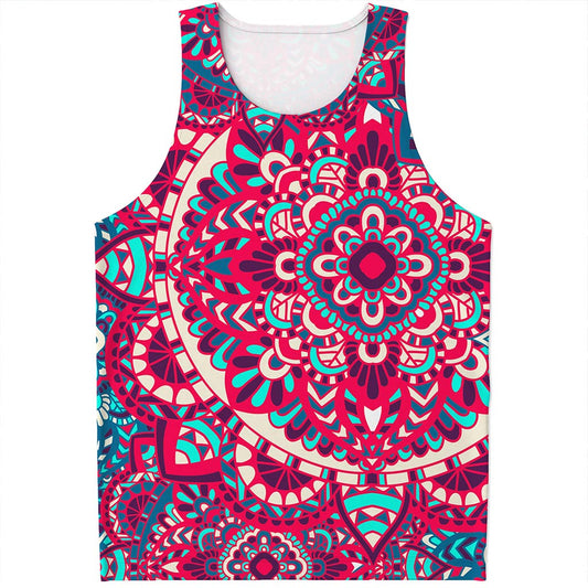 Pink Teal Bohemian Mandala Pattern Print Men's Tank Top