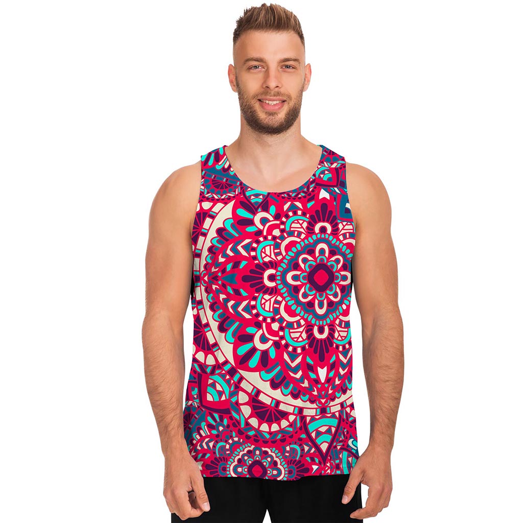 Pink Teal Bohemian Mandala Pattern Print Men's Tank Top