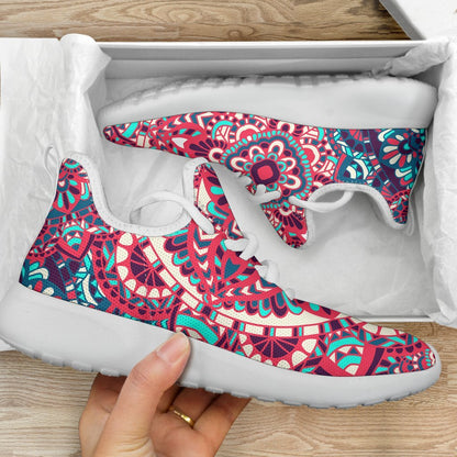 Pink Teal Bohemian Mandala Pattern Print Mesh Knit Shoes GearFrost