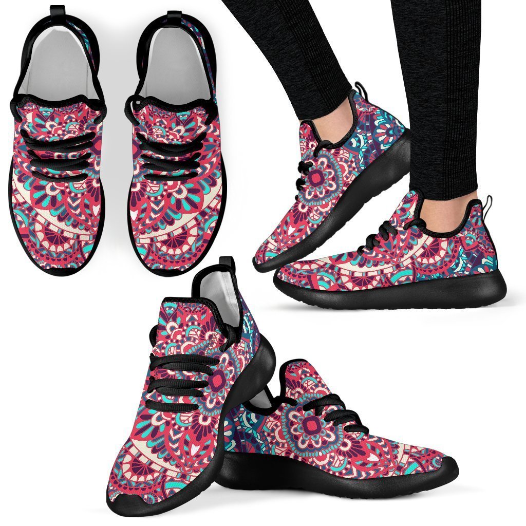 Pink Teal Bohemian Mandala Pattern Print Mesh Knit Shoes GearFrost