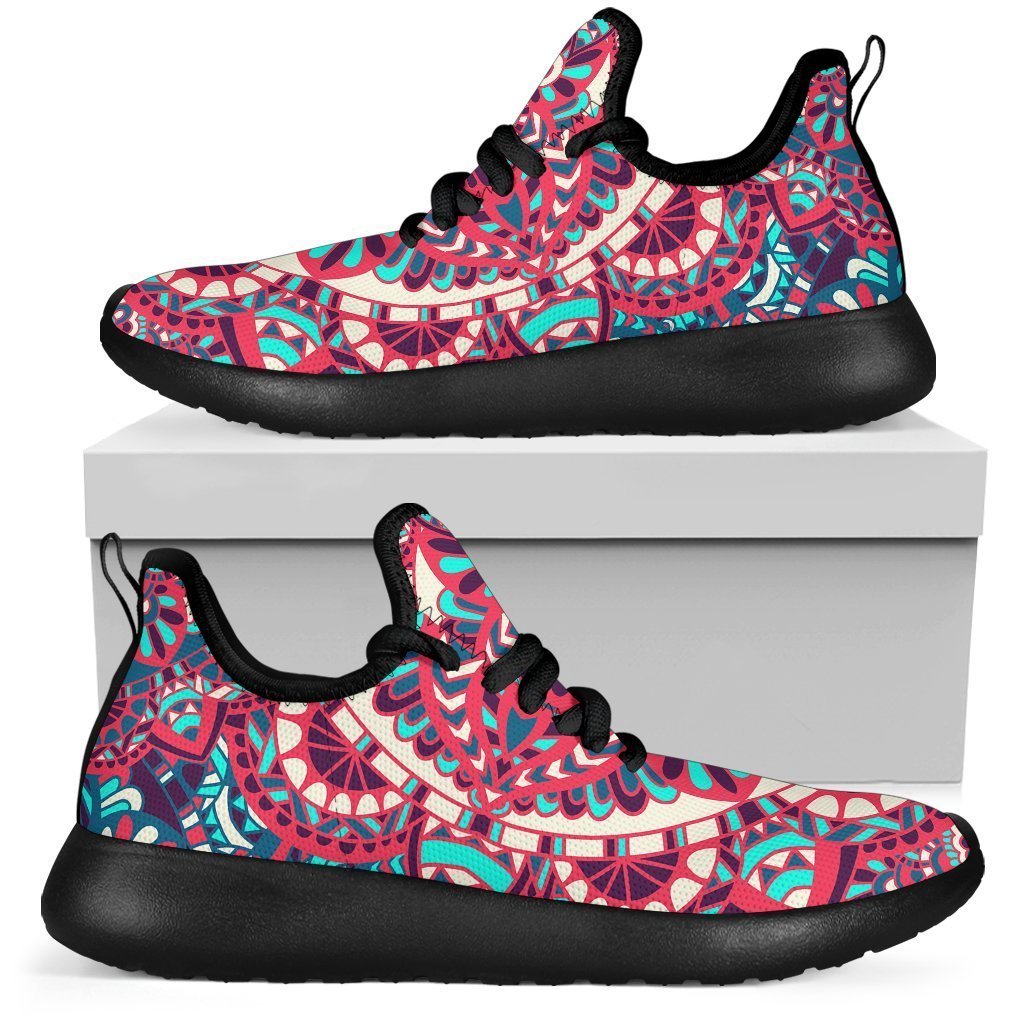 Pink Teal Bohemian Mandala Pattern Print Mesh Knit Shoes GearFrost