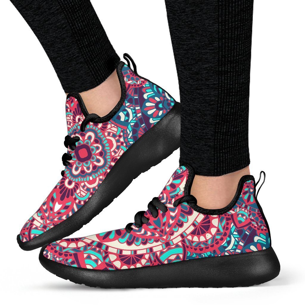 Pink Teal Bohemian Mandala Pattern Print Mesh Knit Shoes GearFrost