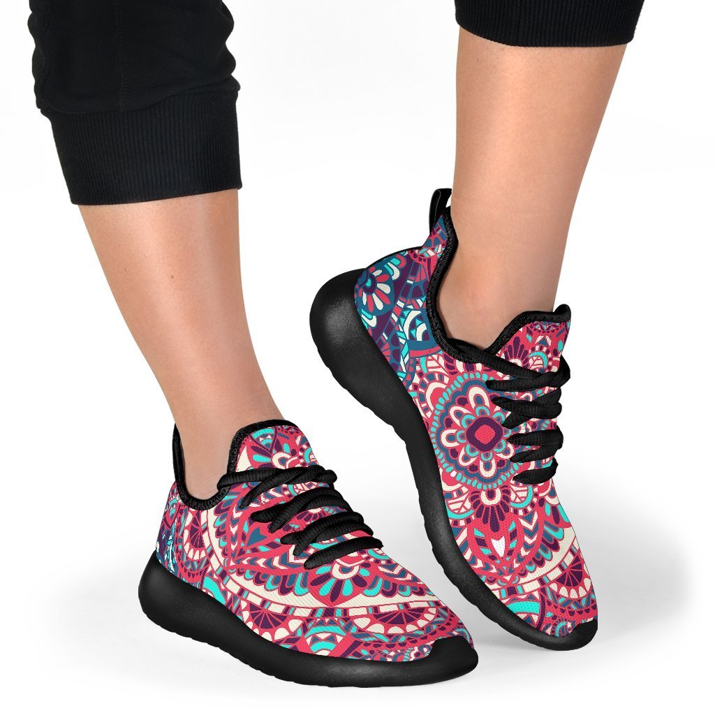 Pink Teal Bohemian Mandala Pattern Print Mesh Knit Shoes GearFrost