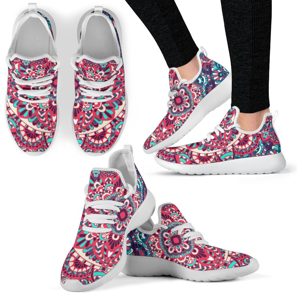 Pink Teal Bohemian Mandala Pattern Print Mesh Knit Shoes GearFrost
