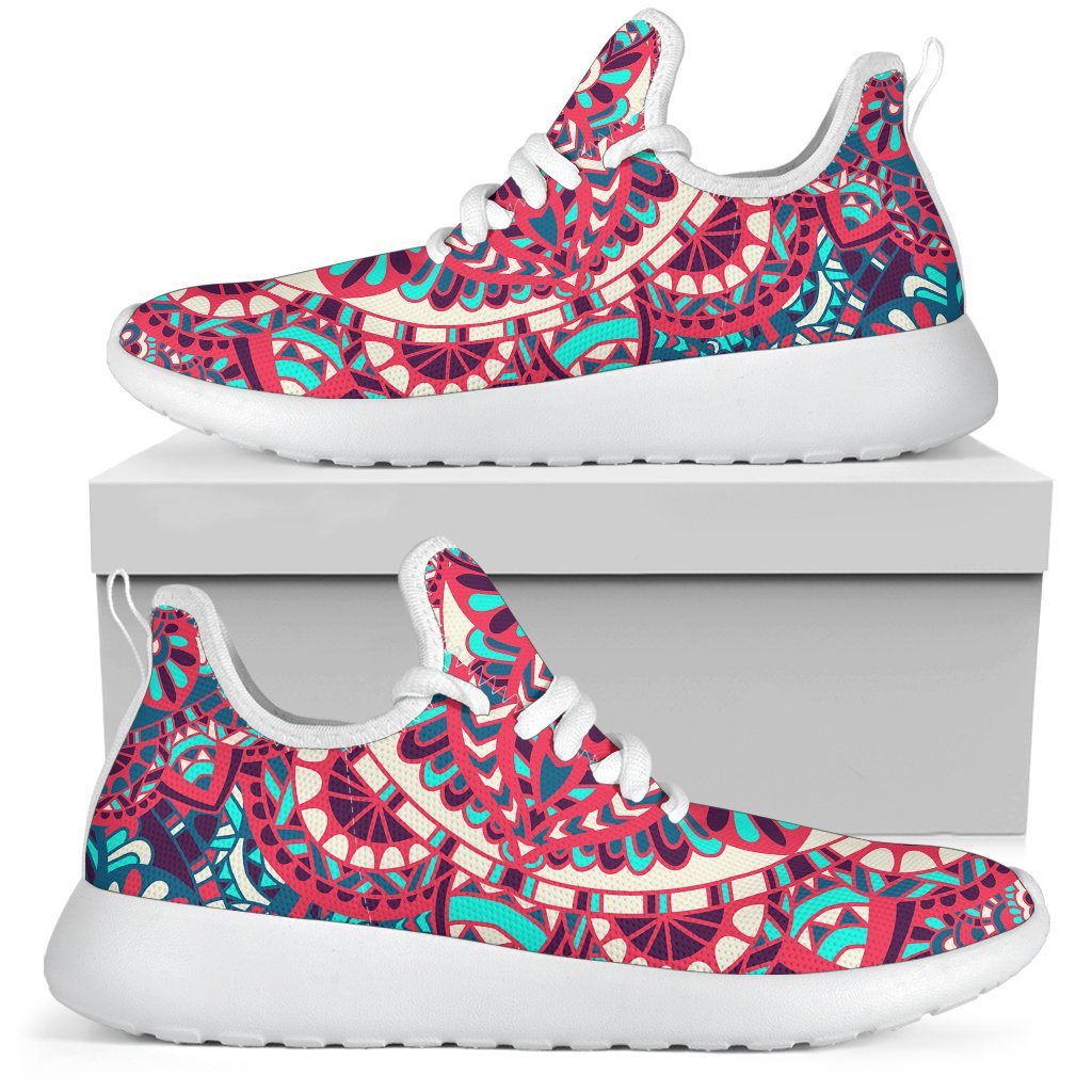 Pink Teal Bohemian Mandala Pattern Print Mesh Knit Shoes GearFrost