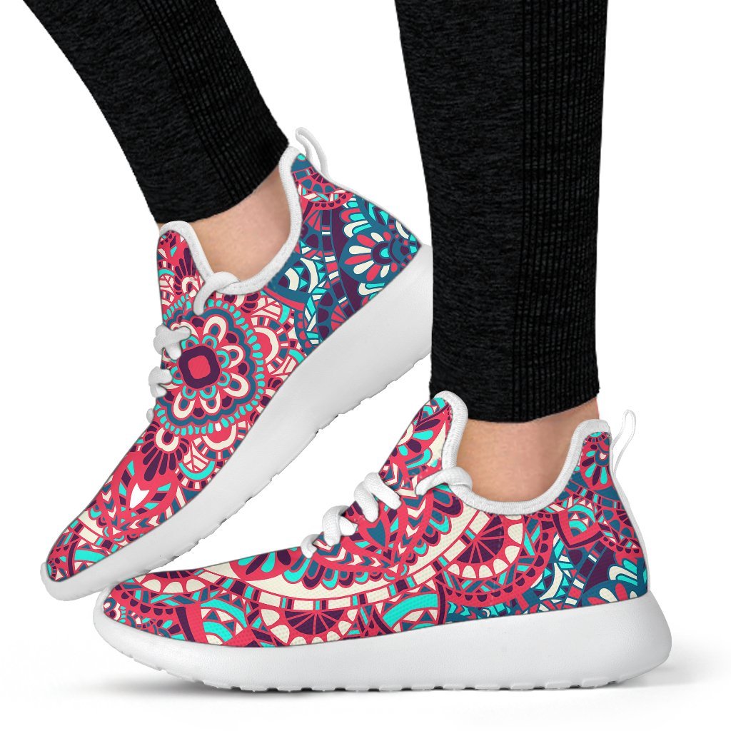 Pink Teal Bohemian Mandala Pattern Print Mesh Knit Shoes GearFrost