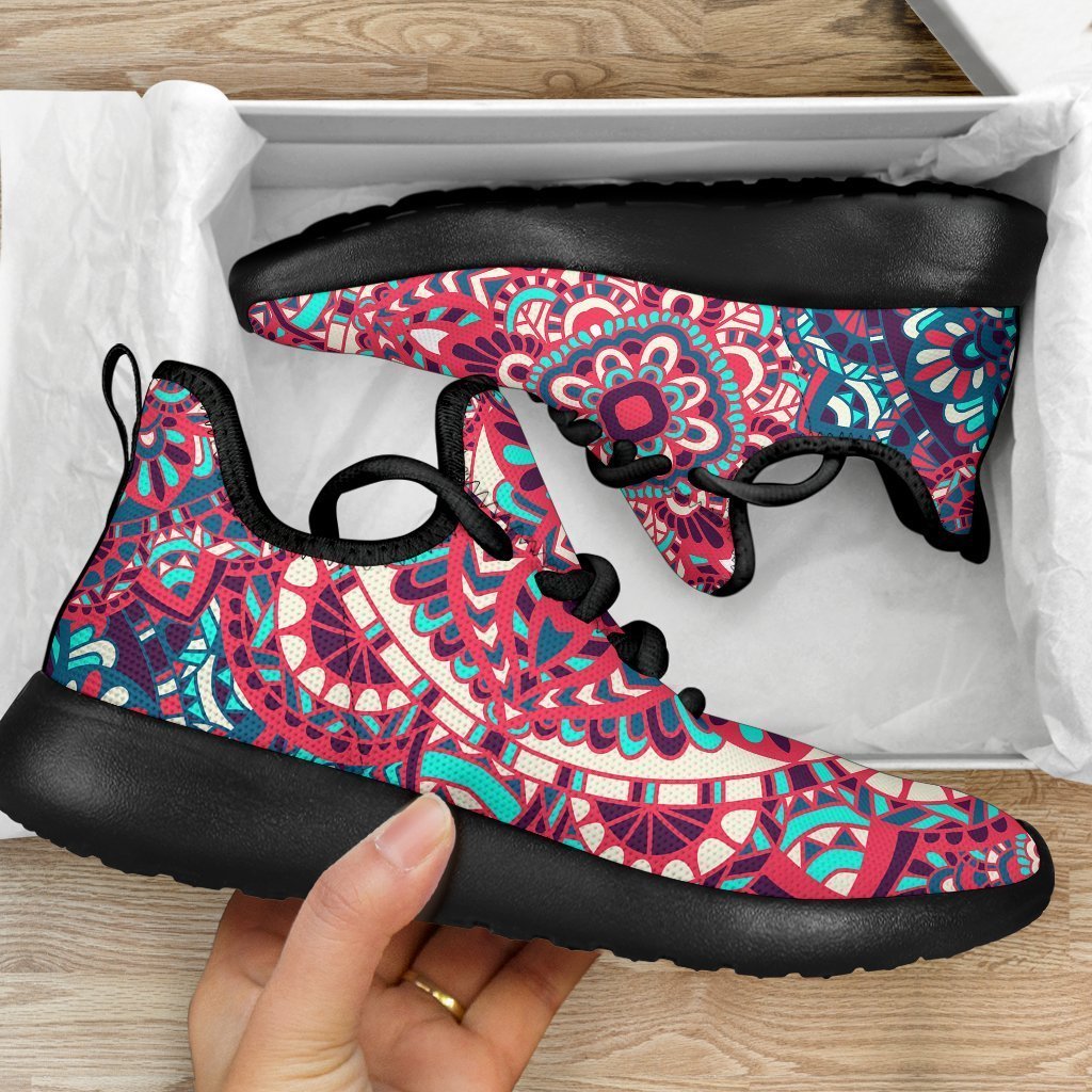 Pink Teal Bohemian Mandala Pattern Print Mesh Knit Shoes GearFrost