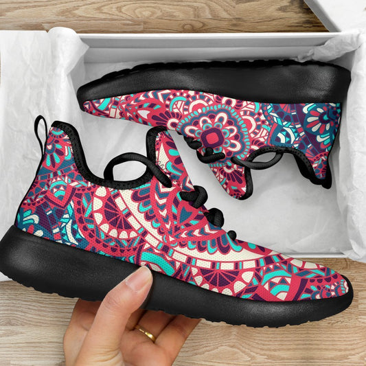 Pink Teal Bohemian Mandala Pattern Print Mesh Knit Shoes GearFrost