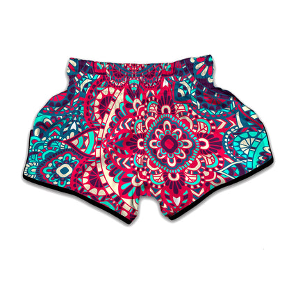 Pink Teal Bohemian Mandala Pattern Print Muay Thai Boxing Shorts
