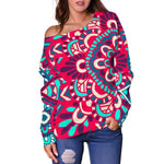 Pink Teal Bohemian Mandala Pattern Print Off Shoulder Sweatshirt GearFrost