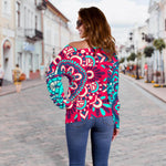 Pink Teal Bohemian Mandala Pattern Print Off Shoulder Sweatshirt GearFrost
