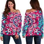 Pink Teal Bohemian Mandala Pattern Print Off Shoulder Sweatshirt GearFrost