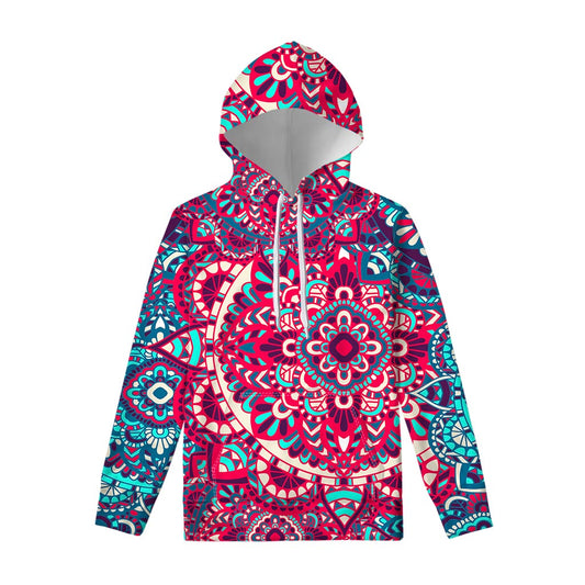 Pink Teal Bohemian Mandala Pattern Print Pullover Hoodie