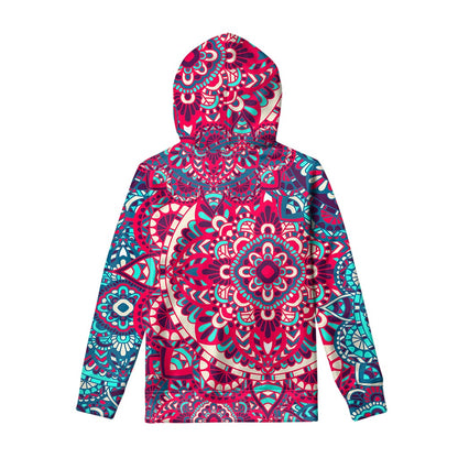 Pink Teal Bohemian Mandala Pattern Print Pullover Hoodie