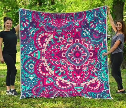 Pink Teal Bohemian Mandala Pattern Print Quilt
