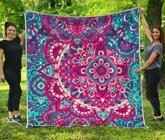 Pink Teal Bohemian Mandala Pattern Print Quilt