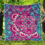 Pink Teal Bohemian Mandala Pattern Print Quilt