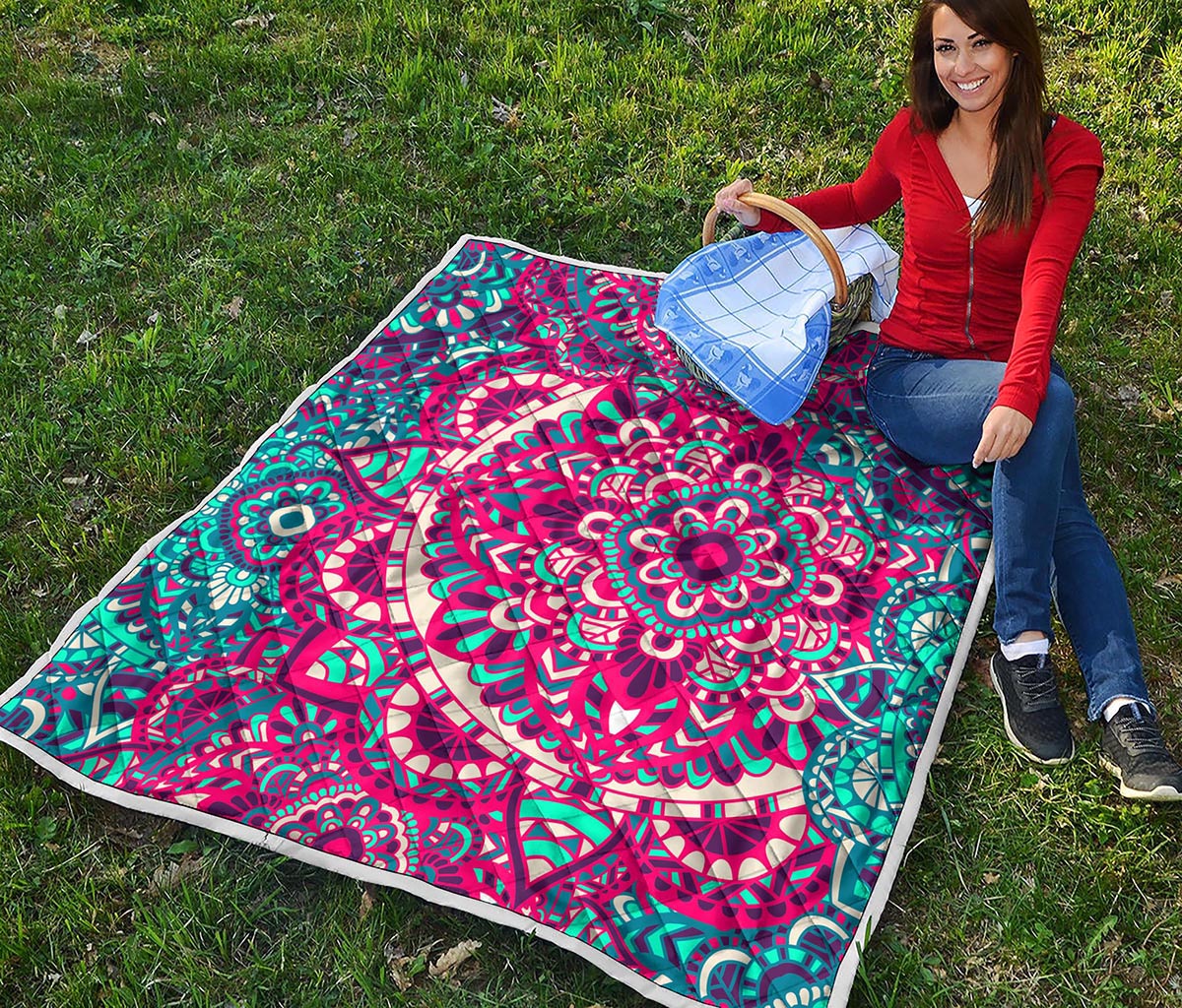 Pink Teal Bohemian Mandala Pattern Print Quilt