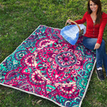 Pink Teal Bohemian Mandala Pattern Print Quilt