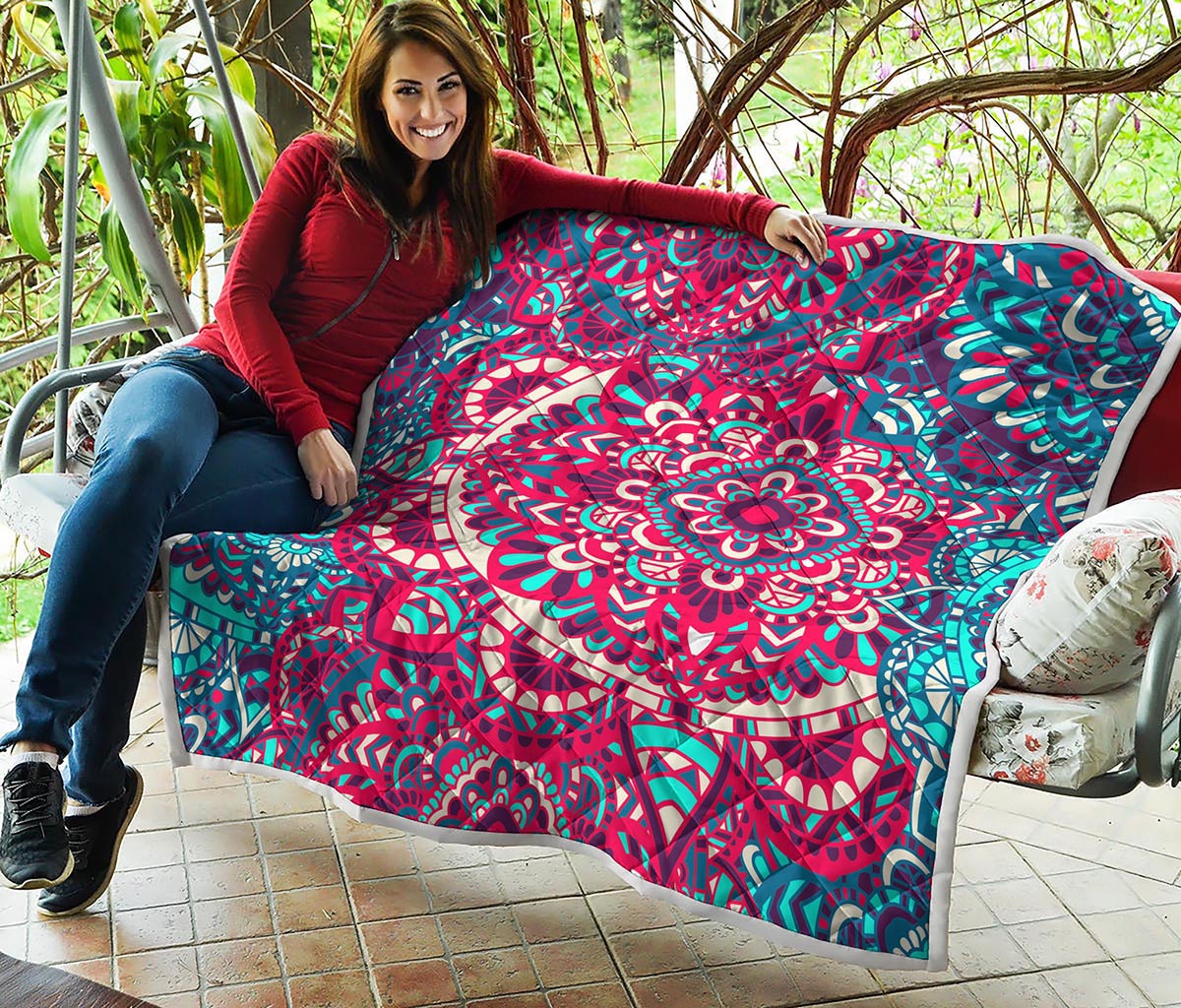 Pink Teal Bohemian Mandala Pattern Print Quilt