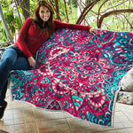 Pink Teal Bohemian Mandala Pattern Print Quilt
