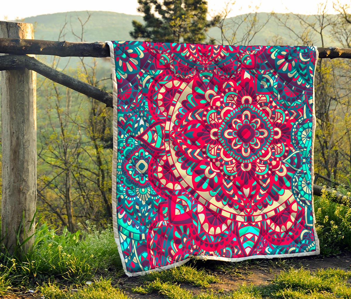 Pink Teal Bohemian Mandala Pattern Print Quilt