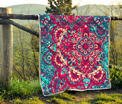 Pink Teal Bohemian Mandala Pattern Print Quilt