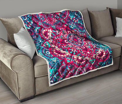 Pink Teal Bohemian Mandala Pattern Print Quilt
