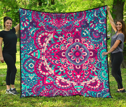 Pink Teal Bohemian Mandala Pattern Print Quilt
