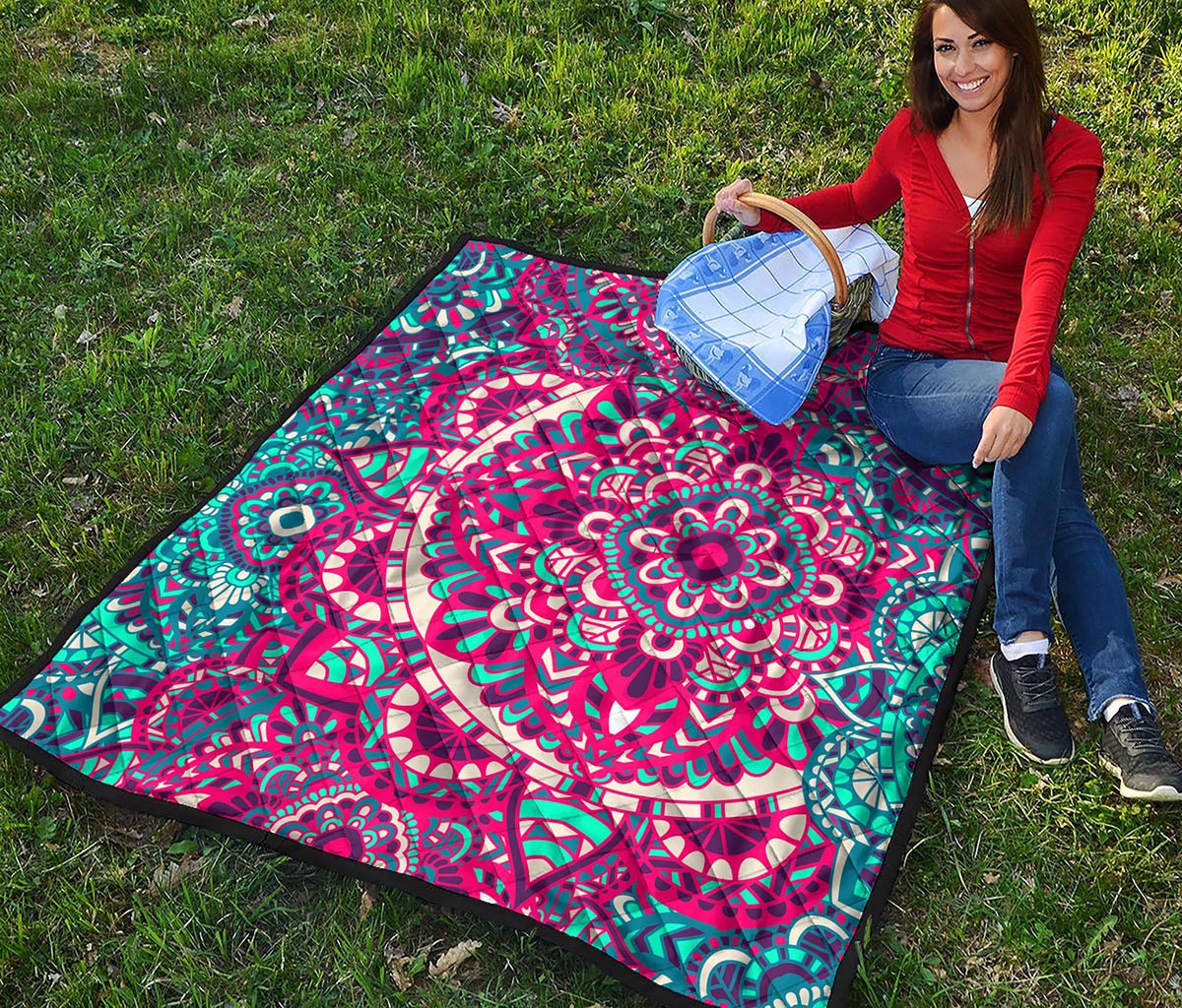 Pink Teal Bohemian Mandala Pattern Print Quilt