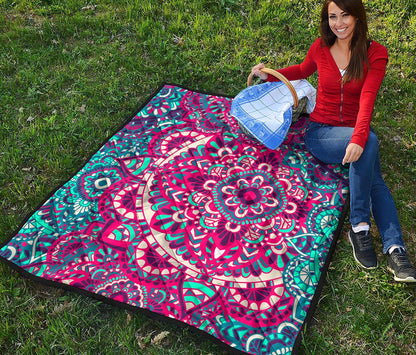 Pink Teal Bohemian Mandala Pattern Print Quilt