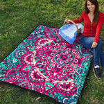Pink Teal Bohemian Mandala Pattern Print Quilt