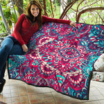 Pink Teal Bohemian Mandala Pattern Print Quilt