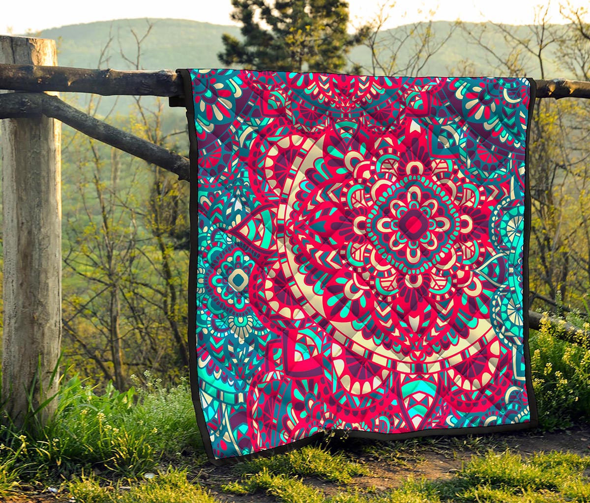 Pink Teal Bohemian Mandala Pattern Print Quilt