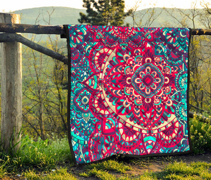 Pink Teal Bohemian Mandala Pattern Print Quilt