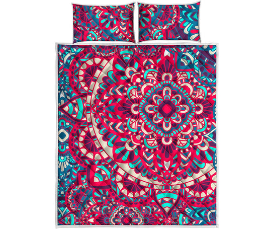 Pink Teal Bohemian Mandala Pattern Print Quilt Bed Set