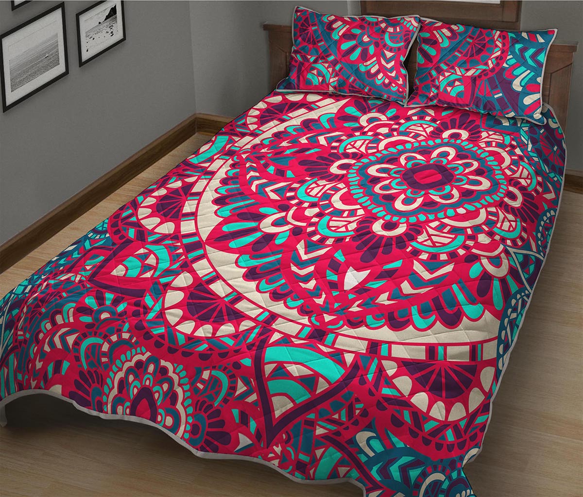Pink Teal Bohemian Mandala Pattern Print Quilt Bed Set