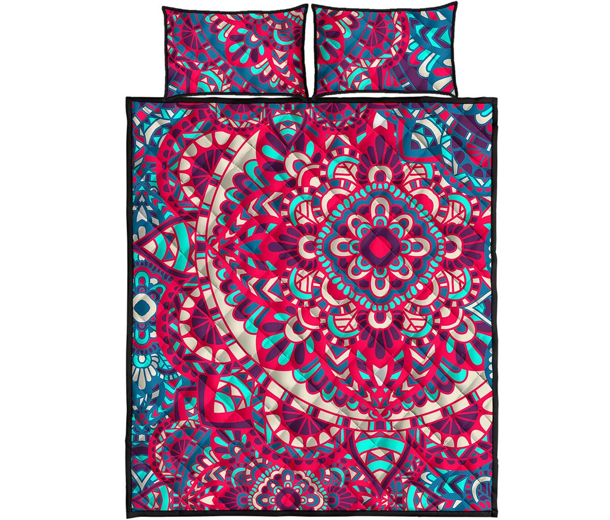 Pink Teal Bohemian Mandala Pattern Print Quilt Bed Set
