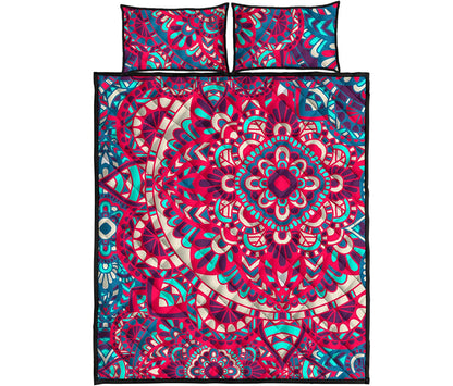 Pink Teal Bohemian Mandala Pattern Print Quilt Bed Set