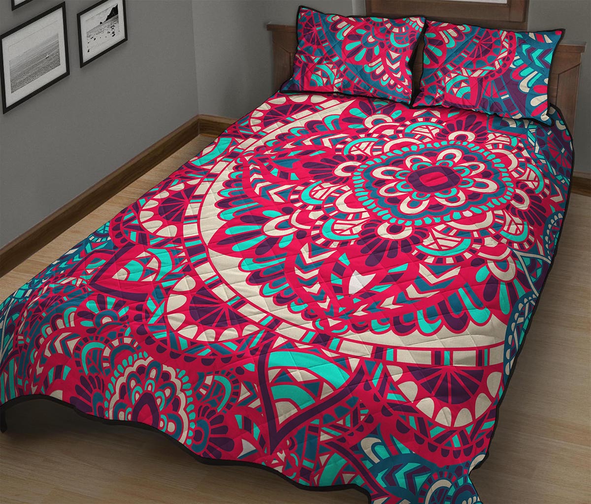 Pink Teal Bohemian Mandala Pattern Print Quilt Bed Set