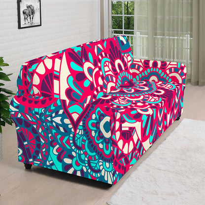 Pink Teal Bohemian Mandala Pattern Print Sofa Cover