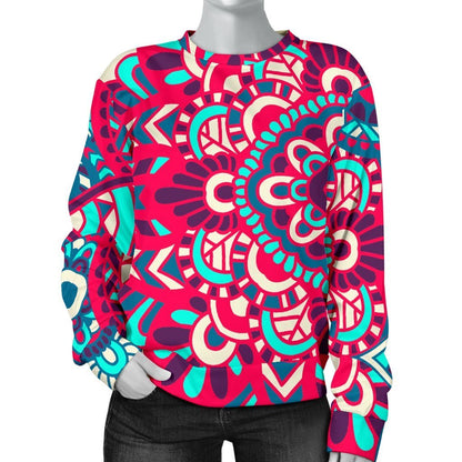 Pink Teal Bohemian Mandala Pattern Print Women's Crewneck Sweatshirt GearFrost