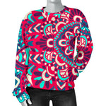 Pink Teal Bohemian Mandala Pattern Print Women's Crewneck Sweatshirt GearFrost